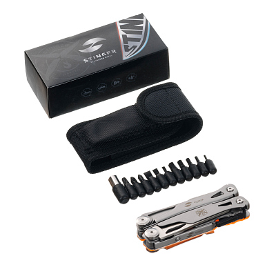 Мультитул Stinger, 106 мм, 15 функций, сталь/АБС-пластик, оранжевый, в комплекте нейлоновый чехол