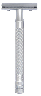 Cтанок Т-образный для бритья MERKUR 22C, матовое хромированное покрытие, прямой срез, закрытый гребень, длинная ручка, лезвие в комплекте (1 шт)