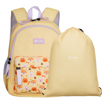 Рюкзак TORBER CLASS X Mini, жёлтый с орнаментом, полиэстер 900D + Мешок для сменной обуви в подарок! (Желтый)