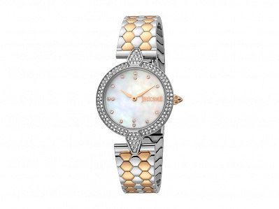 Наручные часы, женские (Корпус- стальной, безель инкрустирован кристаллами Swarovski, циферблат- белый, натуральный перламутр, кристаллы Swarovski, крепление- стальной/розовое золото)