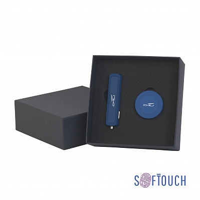 Набор автомобильное зарядное устройство "Slam" + магнитный держатель для телефона "Allo" в футляре, покрытие soft touch  (Темно-синий)