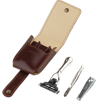 Дорожный бритвенный набор IL Ceppo в коричневом чехле: станок, лезвия, ножницы, щетка, расческа (Коричневый)