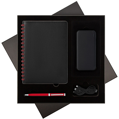 Подарочный набор Vista, черный/красный (ежедневник, ручка, аккумулятор) (Черный, красный)