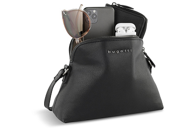 Сумка наплечная женская BUGATTI Bella, чёрная, воловья кожа/полиэстер, 23х8х17 см