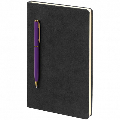 Блокнот Magnet Gold с ручкой, черный с фиолетовым (Фиолетовый)