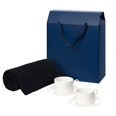 Подарочный набор Mokko, Fado, темно-синий в коробке-пакете (две чайных пары, плед) (Синий, белый)