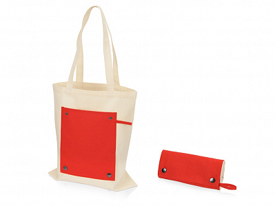 Складная хлопковая сумка для шопинга Gross с карманом, 180 г/м2 (Натуральный/красный)