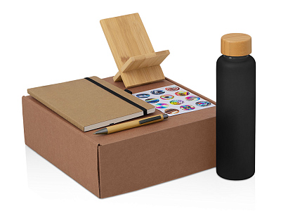 Набор Wooden с бутылкой, блокнотом, ручкой и подставкой для телефона  (Черный, темно-серый)