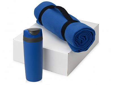Подарочный набор Cozy с пледом и термокружкой (Синий/темно-серый/черный)