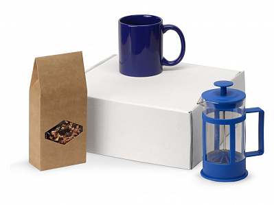 Подарочный набор с чаем, кружкой и френч-прессом Чаепитие (Кружка- ярко-синий, френч-пресс- синий/прозрачный)