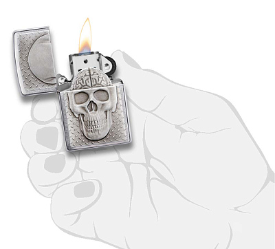 Зажигалка ZIPPO Skull Design с покрытием Brushed Chrome, латунь/сталь, серебристая, 38x13x57 мм