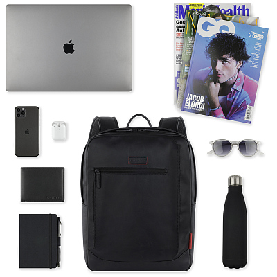 Рюкзак мужской BUGATTI Clark, чёрный, воловья кожа/полиэстер, 30х10х40 см, 12 л