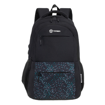 Рюкзак TORBER CLASS X  с орнаментом, 45 x 30 x 18 см + Мешок для сменной обуви в подарок!! (Черный)