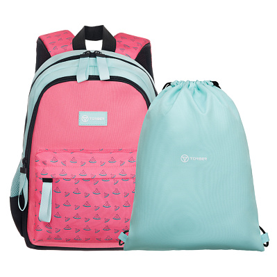 Рюкзак TORBER CLASS X Mini /зелёный с орнаментом, полиэстер 900D + Мешок для обуви в подарок (Розовый)