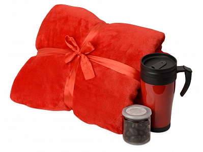 Подарочный набор Tasty hygge с пледом, термокружкой и миндалем в шоколадной глазури (Плед- красный, термокружка- красный/черный)