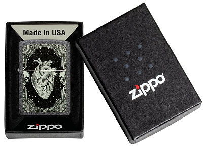 Зажигалка ZIPPO Heart Design с покрытием Iron Stone, латунь/сталь, серая, 38x13x57 мм
