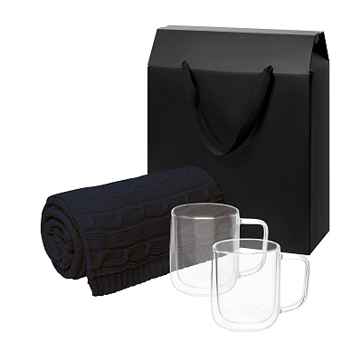Подарочный набор Viora, Fado в черной коробке-пакете (2 кружки+плед) (Прозрачный, синий, черный)