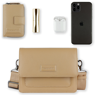 Сумка через плечо женская BUGATTI Elsa, песочного цвета, воловья кожа/полиэстер, 18,5х8,5х14,5 см