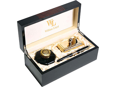 Набор: ручка перьевая, чернильница, блоттер (Черный/золотистый)