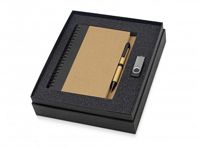 Подарочный набор Essentials с флешкой и блокнотом А5 с ручкой (Черный/натуральный/серебристый)