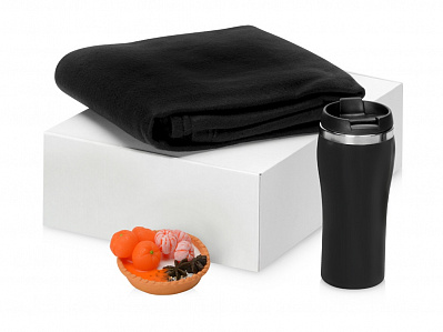 Подарочный набор с пледом, мылом и термокружкой (Плед, термокружка- черный, мыло- оранжевый)