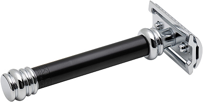 Cтанок Т-образный для бритья MERKUR 38B, глянцевое хромированное покрытие, анодированный алюминий в черном цвете, лезвие в комплекте (1 шт)