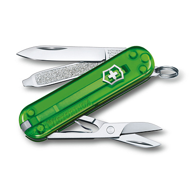 Нож-брелок VICTORINOX Classic SD Colors "Green Tea", 58 мм, 7 функций, полупрозрачный зелёный (Зеленый)