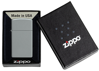 Зажигалка ZIPPO Slim® с покрытием Flat Grey, латунь/сталь, серая, глянцевая, 29x10x60 мм