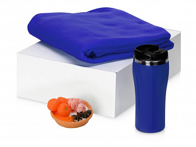 Подарочный набор с пледом, мылом и термокружкой (Плед, термокружка- синий, мыло- оранжевый)