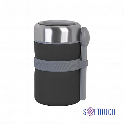 Термос с контейнерами и приборами для ланча, покрытие soft touch  (Черный)