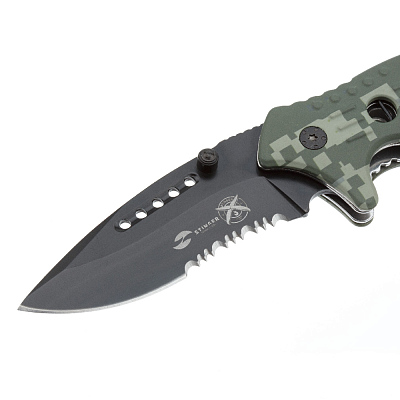 Нож складной Stinger, 95 мм, (чёрный), материал рукояти: алюминий (зелёный камуфляж)