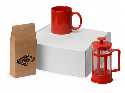 Подарочный набор с чаем, кружкой и френч-прессом Чаепитие (Кружка- красный, френч-пресс- красный/прозрачный)
