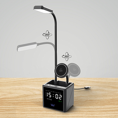 Лампа "Smart Flex" с беспроводным 3в1 (15W) ЗУ с MagSafe, часами, карандашницей и подсветкой логотипа, черный (Чёрный)