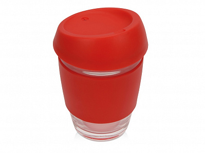 Стеклянный стакан с силиконовой крышкой и манжетой Monday (Прозрачный/красный)