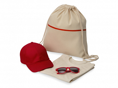 Набор для прогулок Shiny day (Рюкзак- натуральный/красный, футболка- натуральный, бейсболка- красный, очки- красный)