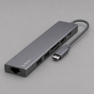 USB Type-C хаб 7-в-1, HDMI, Power Delivery, 2xUSB 3.0, RJ45, microSD/SD (Графит)