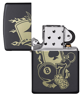 Зажигалка ZIPPO Gambling Design с покрытием Black Matte, латунь/сталь, чёрная, матовая, 38x13x57 мм