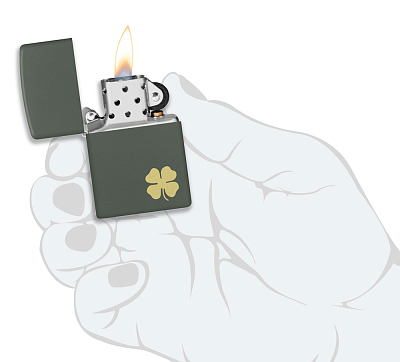 Зажигалка ZIPPO Four Leaf Clover с покрытием Green Matte, латунь/сталь, зеленая, 38x13x57 мм