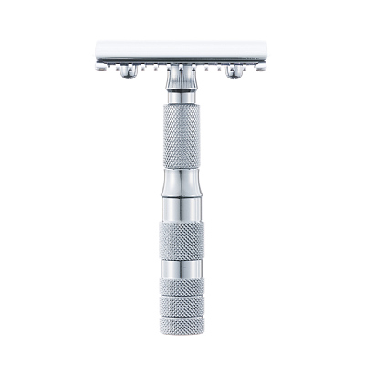 Станок Т-образный для бритья MERKUR 985, глянцевое хромированное покрытие, прямой срез, открытый зубчатый гребень, разборный, лезвие в комплекте 1 шт