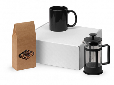 Подарочный набор с чаем, кружкой и френч-прессом Чаепитие (Кружка- черный, френч-пресс- черный/прозрачный)