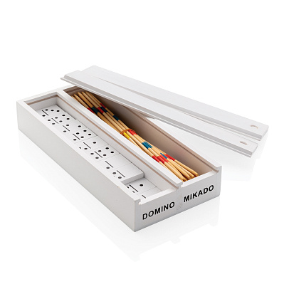 Набор настольных игр Микадо/Домино в деревянной коробке (Белый;)