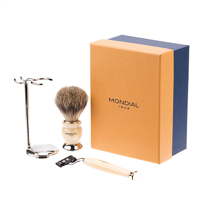 Бритвенный набор Mondial: станок, помазок, подставка; цвет слоновая кость