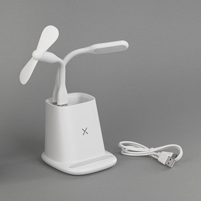 Карандашница "Smart Stand" с беспроводным зарядным устройством, вентилятором и лампой (2USB разъёма)  (Белый)