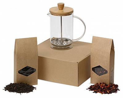 Подарочный набор Чайная композиция (Френч-пресс- прозрачный/натуральный, упаковка чай- крафт, наполнитель- зеленая липа)