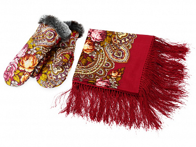 Подарочный набор: Павлопосадский платок, рукавицы (Красный/разноцветный)