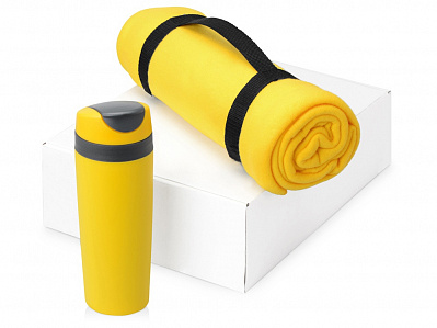 Подарочный набор Cozy с пледом и термокружкой (Желтый/темно-серый/черный)