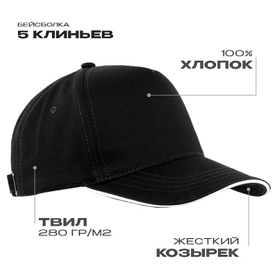 Бейсболка с кантом STAN 5 клиньев хлопок 280, 14 (Чёрный)