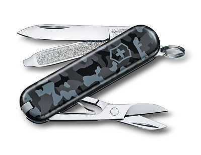 Нож-брелок VICTORINOX Classic SD Navy Camouflage, 58 мм, 7 функций, серо-синий камуфляж (Разноцветный)