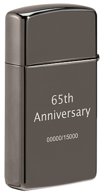Зажигалка 65th Anniversary Zippo Slim® с покрытием Black Ice®, латунь/сталь, чёрная, 29x10x60 мм