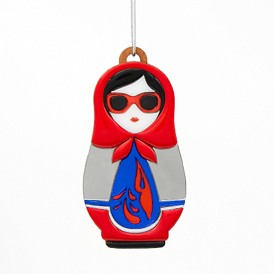 Ёлочная игрушка Матрёшка с узорами (красный с синим)